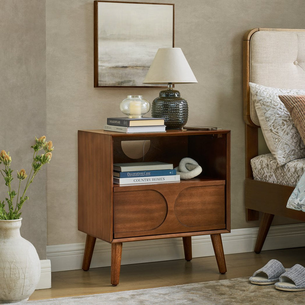 English Elm Mid Century Modern fluted nightstand with USB ports, dual outlets, drawer & open shelf, walnut finish W1801P288512