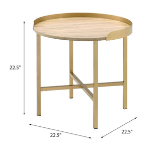 English Elm Oak Round Tray Top End Table With Gold Base – Modern Elegance For Living Room & Bedroom Décor B062P181360