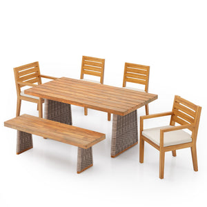 English Elm Christopher Knight Home® - 6 Acacia Wood Outdoor Dining Set with Handwoven Rattan Legs, 6-Piece Table Bench and Chairs for Patio Beige,Brown,Natural,Teak N773OD00040B