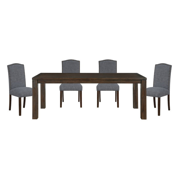 English Elm 5pc Acacia Wood Dining Set with Nailhead Parsons Chairs for Modern Kitchen Spaces Dark Brown,Gray B011S02244