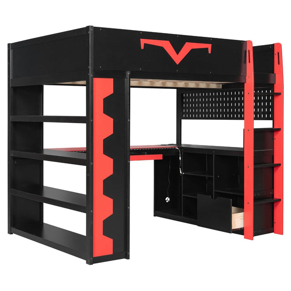English Elm Full Size Gaming Loft Bed with Desk Rgb Lighting Power Outlet and Storage Drawer Red LT000285AAJ