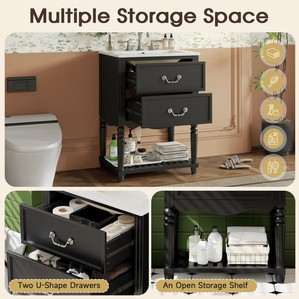 English Elm 24'' Vintage Bathroom Vanity with Ceramic Sink Soft Close Drawers Open Shelf Black N710P411237B