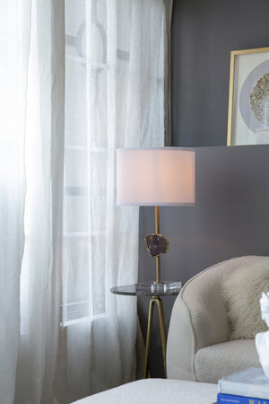 English Elm D14x25.2" Gold Table Lamp with Agate Slice on Acrylic Pedestal, White Drum Shade, Modern Accent Decor W2078P395818