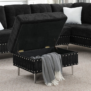 English Elm Sectional L-Shaped Chenille Sofa with Chaise Storage Ottoman, Metal Eucalyptus Frame, 4-Seater Spacious Black W1413S00117