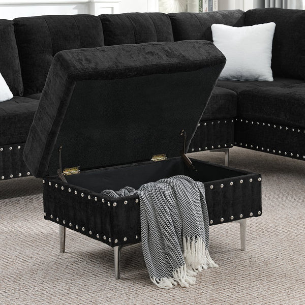 English Elm Sectional L-Shaped Chenille Sofa with Chaise Storage Ottoman, Metal Eucalyptus Frame, 4-Seater Spacious Black W1413S00117