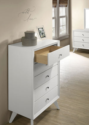 English Elm Contemporary Chic Five-Drawer Chest with Chrome Legs, High-Gloss Coating, Smooth Modern Design White 33 L x 20 W x 44 H B2741P369375