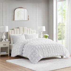 JLA Home Madison Park - 3 Piece Ruched Comforter Set — Puffy Square-Texture Microfiber for Cottage, Farmhouse, Hypoallergenic Sleep White MP10-8395