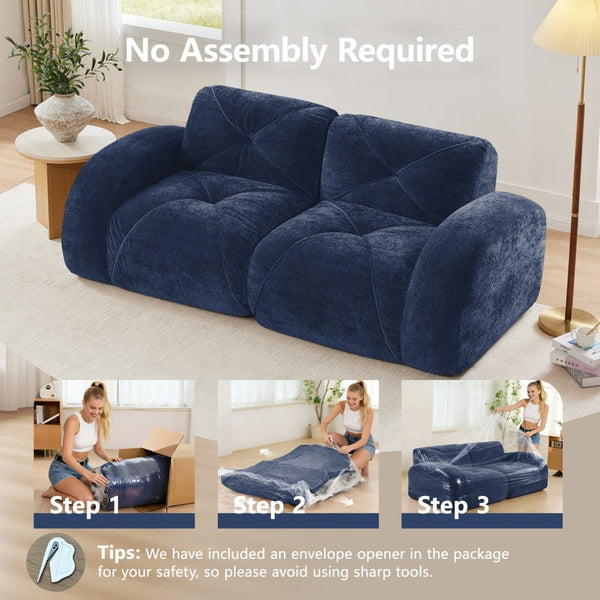 English Elm Three Seater Chenille Sofa with Ottoman Solid Wood Base Tufted Arms Living Room Blue W714S01644