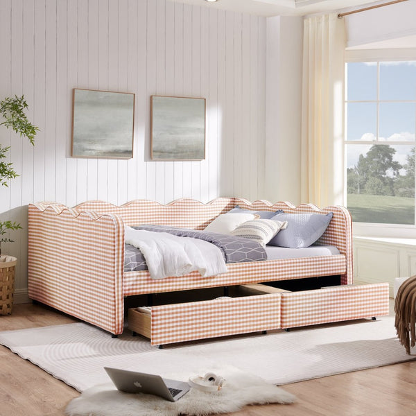 English Elm Queen Gingham Linen Daybed with Wave Backrest Two Storage Drawers and Usb Port Pink W1413S00150
