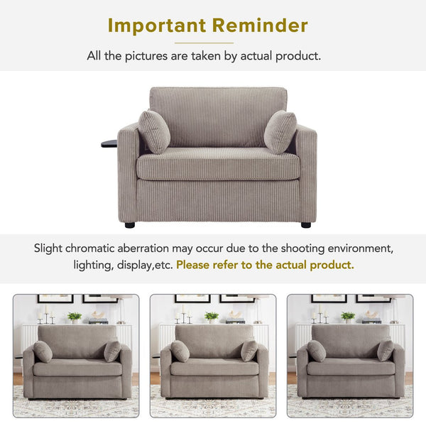 English Elm Twin Convertible Sofa Bed with Foldable Side Table, USB Ports, Storage Pocket & Lumbar Pillows for Small Spaces Grey+Brown N719S002030D