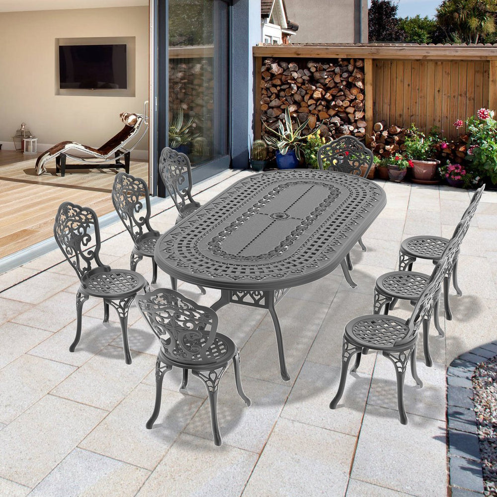 English Elm 9-Piece All-Weather Cast Aluminum Dining Set - Stylish Black Frame For Elegant Outdoor Gatherings W1710S00252