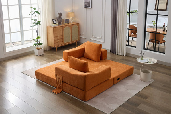 English Elm Modern Minimalist Sofa Fold-Out Convertible Floor Couch Bed with Removable Backrest Chenille Orange, Modular Comfort and Side Pockets W1829P186302