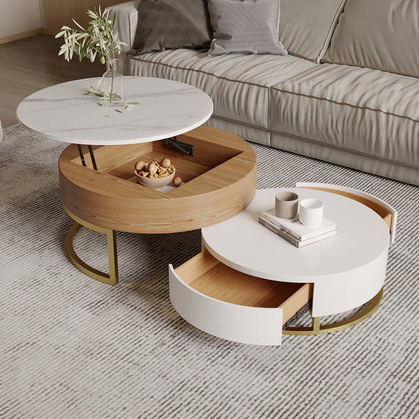 English Elm Dolce Round Lift-Top Wood Coffee Table with Convertible Heights and Sturdy Iron Frame, Modern Chic White B341S00042