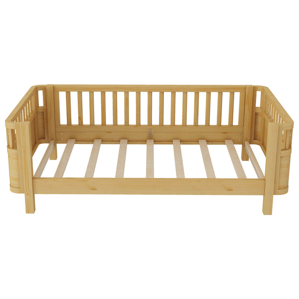 Twin Solid Pine Low Profile Kids Bed with Full Guardrail System and Rounded Safe Corners