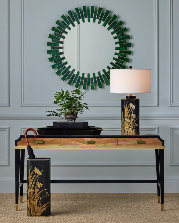 Currey & Company Glasdele Emerald Art Glass Mosaic Round Wall Mirror with Antique Brass Accent 1000-0170