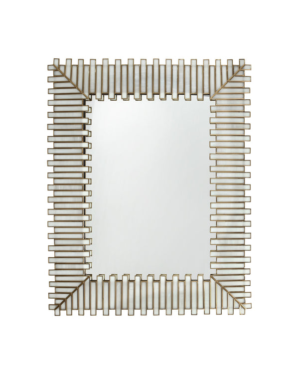 Currey & Company Daze Milk Glass Panel Wall Mirror with Antique Brass Ribs for Modern Living Spaces 1000-0171