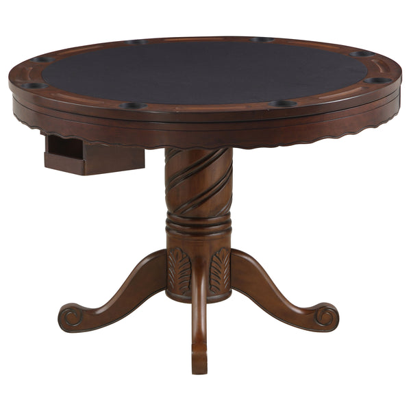 English Elm Brenton Round Tobacco Game Table with Pedestal Base, 8 Cupholders & Carved Ribbon Motif Elegance B062S01102