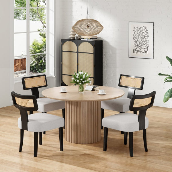 English Elm Upholstered Armless Dining Chairs with Rattan Back Hardwood Frame French Country Set of 2 Beige+Black T3623P411725