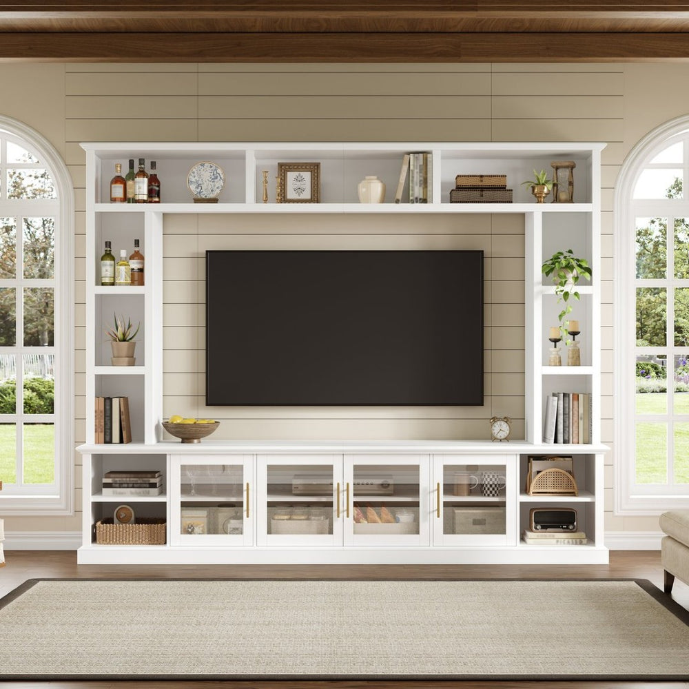 English Elm Entertainment Wall Unit with Glass Doors Open Shelving Mdf Living Room Storage White N710S688100K