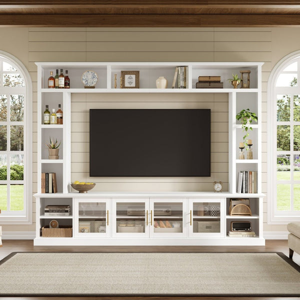 English Elm Entertainment Wall Unit with Glass Doors Open Shelving Mdf Living Room Storage White N710S688100K
