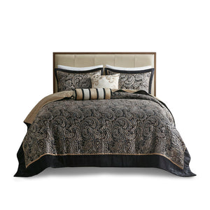 JLA Home Madison Park - 5 Jacquard Bedspread Set Reversible Paisley-Textured Quilt with Shams and Decorative Pillows, Taupe Sheen Black MP13-7960