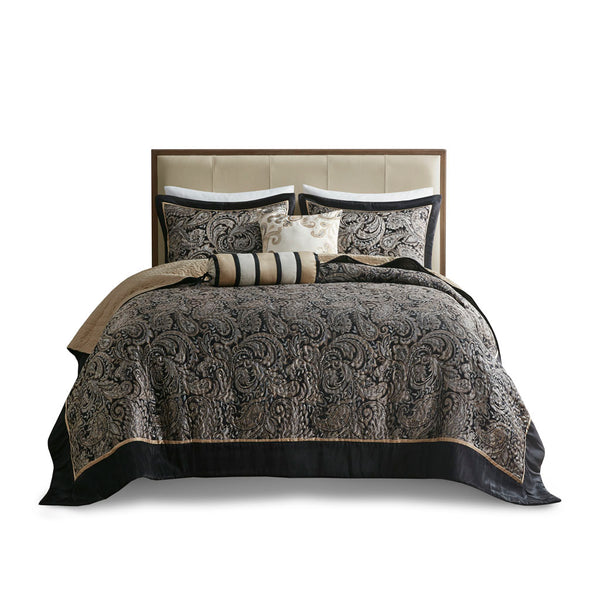 JLA Home Madison Park - 5 Jacquard Bedspread Set Reversible Paisley-Textured Quilt with Shams and Decorative Pillows, Taupe Sheen Black MP13-7960