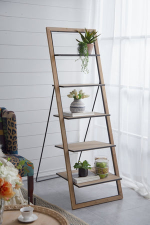 English Elm 24.8x26.4x72.4" Five Tier Fir Wood Ladder Bookshelf Farmhouse Iron Hardware Display W2078P499743