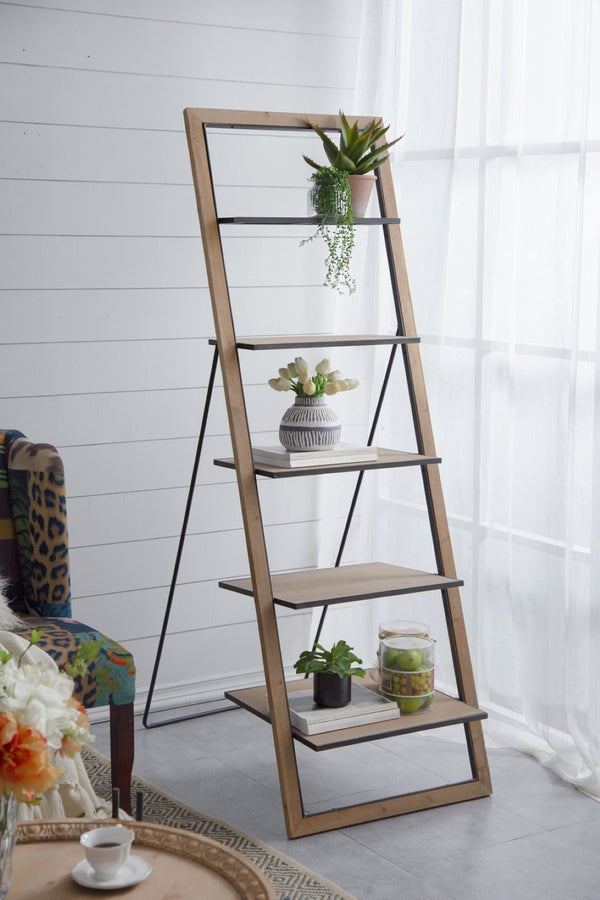 English Elm 24.8x26.4x72.4" Five Tier Fir Wood Ladder Bookshelf Farmhouse Iron Hardware Display W2078P499743