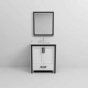 English Elm White Bath Vanity 30" W x 22" D with Cultured Marble Top, Chrome Faucet & 28" Mirror, Scratch‑Resistant B2731S01354