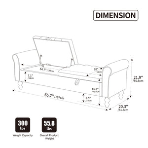 English Elm 65.75" Upholstered Storage Bench Napped Fabric Dual Lids Walnut Legs Bedroom Seating W3098P397303