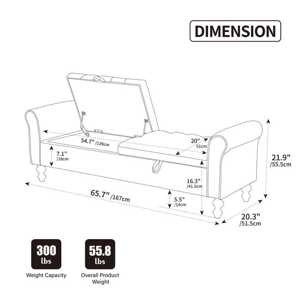 English Elm 65.75" Wide Upholstered Storage Bench Napped Fabric Rolled Arms Rubberwood Legs Greige W3098P397302