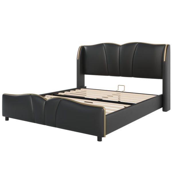 English Elm Christopher Knight Home® - Queen Plush Leather Upholstered Bed Frame with Wingback Headboard, Wavy Footboard, Quiet Support Black 85.2 L x 9.8 W x 3.25 H N761S0000016B