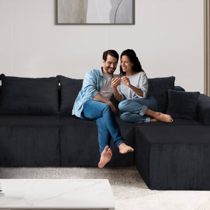 English Elm 4-Piece Modular L-Shaped Sectional Sofa with Corduroy Upholstery, Convertible Chaise, Pillows Included Black W3163S00038