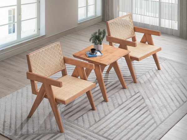 English Elm 3-Piece Natural Rattan Accent Chair Set with Matching End Table – Solid Rubber Wood, Cozy Seats, Balcony-Ready Style B2726S00568