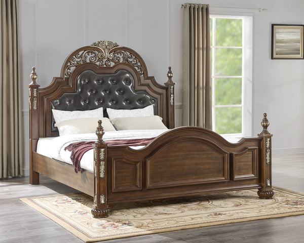 English Elm Lyon Queen Bed In Rich Cherry Finish – Elegant Button Tufting & Hand-Carved Gold Accents For Luxury B078S00602