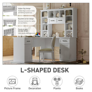 English Elm L-Shaped Corner Desk with 3 Cabinets, 2 Drawers & 11 Shelves, Built-In Power Outlet for Home Office White W1580S00188