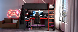 English Elm Full Size Gaming Loft Bed with Led Lighting Desk Shelves and Usb Charging Ports N820S00071J