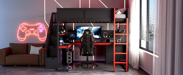 English Elm Full Size Gaming Loft Bed with Led Lighting Desk Shelves and Usb Charging Ports N820S00071J