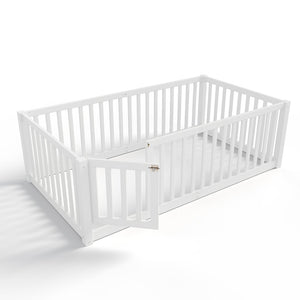 English Elm Twin Floor Bed Pine Wood Frame with Guardrails and Door for Safe Toddler Sleep W1580P417668