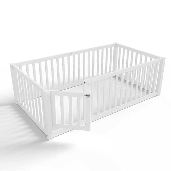 English Elm Twin Floor Bed Pine Wood Frame with Guardrails and Door for Safe Toddler Sleep W1580P417668