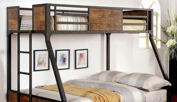 English Elm Twin Industrial Metal Bunk Bed with Wood Panels and Built-In Ladder, Guarded Top, Versatile Layouts Black 76 L x 58 W x 5 H B2741P353070