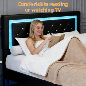 English Elm Queen Platform Bed Pu Leather Tufted Headboard Rgb Led Floating Frame Modern W3107P419201