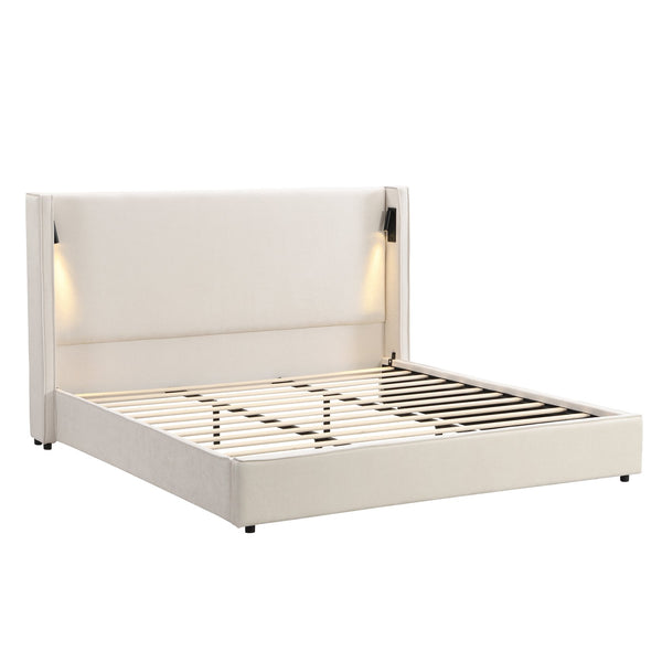 English Elm Christopher Knight Home® - King Size Upholstered Bed Frame With Wingback Headboard, Usb Charging & Adjustable Reading Lamp N757P235229B