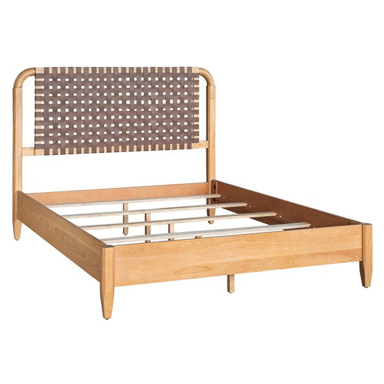 English Elm Woven Faux Leather Queen Bed with Caramel Maple Wood Frame, PU Upholstery, 6" Clearance & Sturdy Design B035S00058
