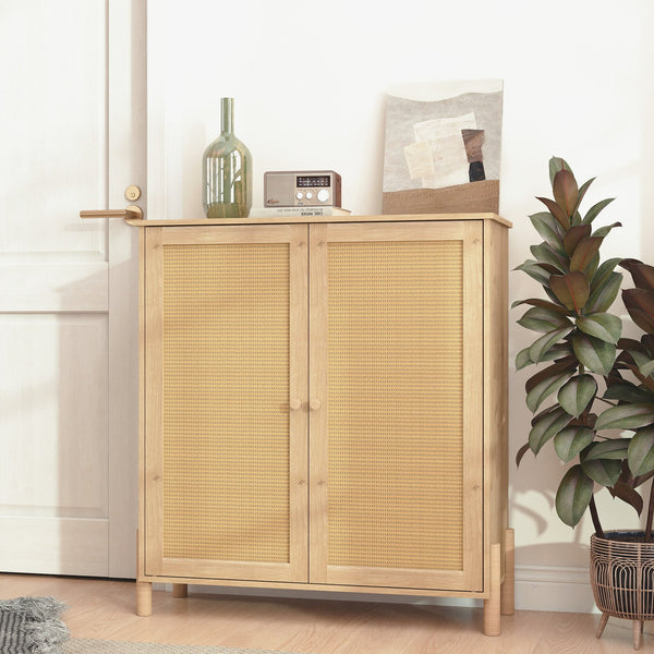 English Elm Mid-Century Woven Rattan Door Storage Cabinet with Adjustable Shelves and Solid Wood Legs, Stylish and Functional Natural 35.4 L x 18.5 W x 6.3 H W3151P288911