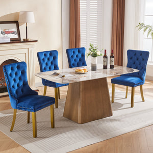 English Elm Mid-Century Tufted Velvet Dining Chair with Lion Head Ring, Nailhead Trim, Solid Wood Legs Blue W1143P193169