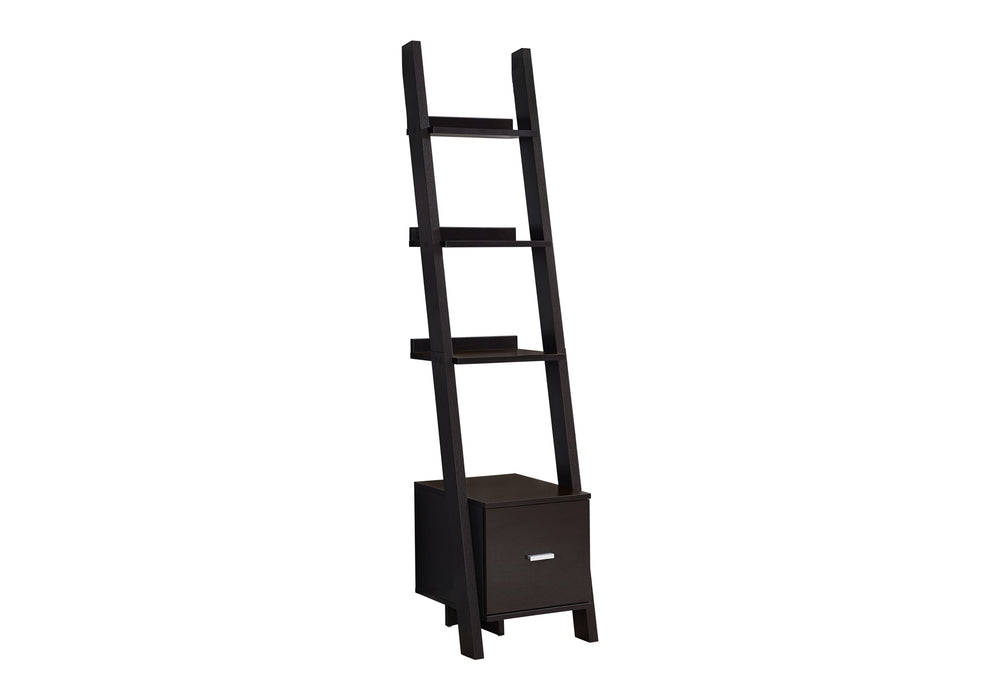 English Elm Bookshelf, Espresso 69" Ladder Etagere with 3 Staggered Shelves, Drawer & Wall-Mount Tipping Hardware Included B2710P219122