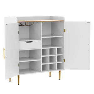 English Elm Modern Fluted Bar Cabinet with Wine Rack Glass Holders Adjustable Shelving and Hidden Drawer White N728P438606W