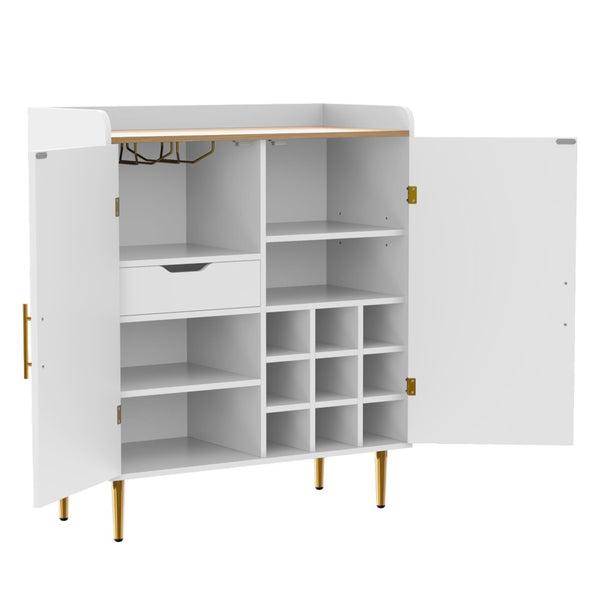 English Elm Modern Fluted Bar Cabinet with Wine Rack Glass Holders Adjustable Shelving and Hidden Drawer White N728P438606W
