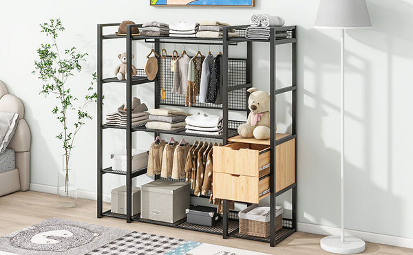 English Elm Open-Style Wardrobe Storage System with Heavy-Duty Metal Frame, Rails, Shelves & Drawers - Sleek Durable Design for Organized Living Black SF000087AAB